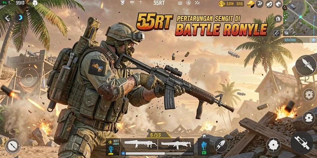 Gameplay mendebarkan di arena pertempuran 55RT.