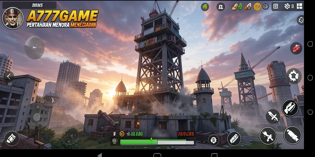 Screenshot utama A777GAME menampilkan aksi pertahanan menara yang seru.