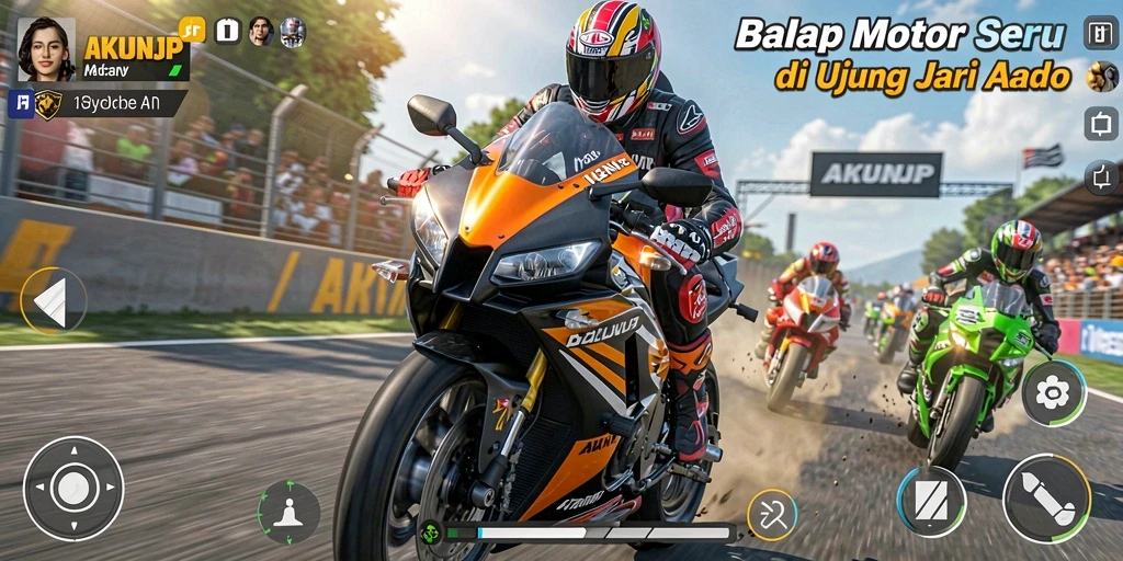 Tampilan gameplay balap motor yang mendebarkan dalam AKUNJP.