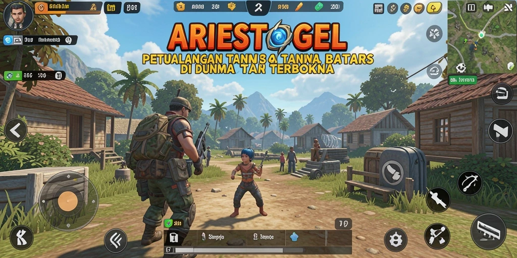 Tampilan gameplay ARIESTOGEL dalam dunia yang luas dan interaktif.