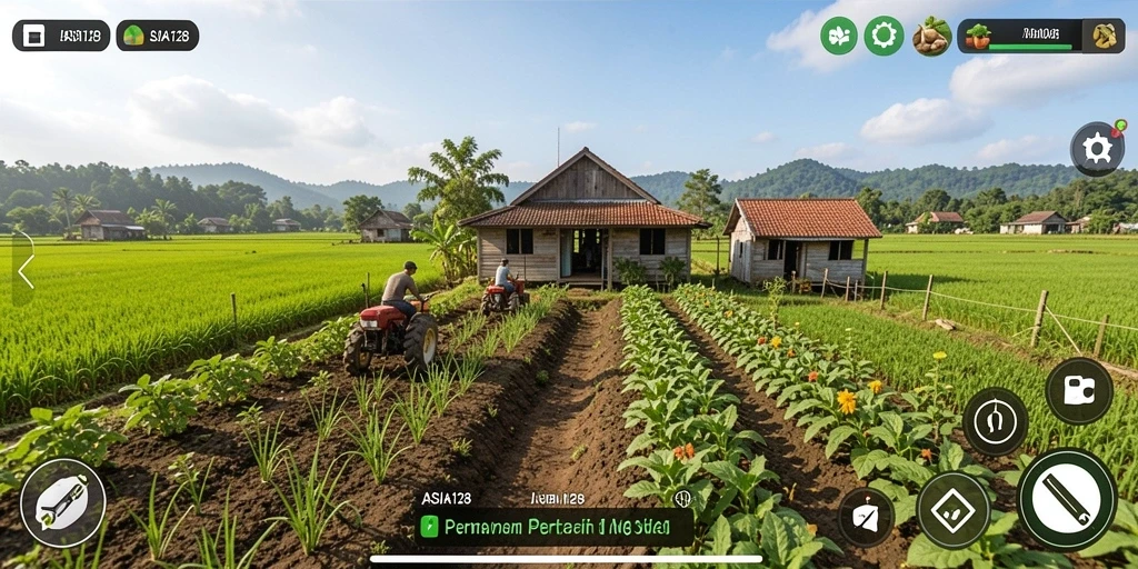 Tampilan gameplay <strong>ASIA128</strong> menampilkan petani yang sedang merawat tanamannya.