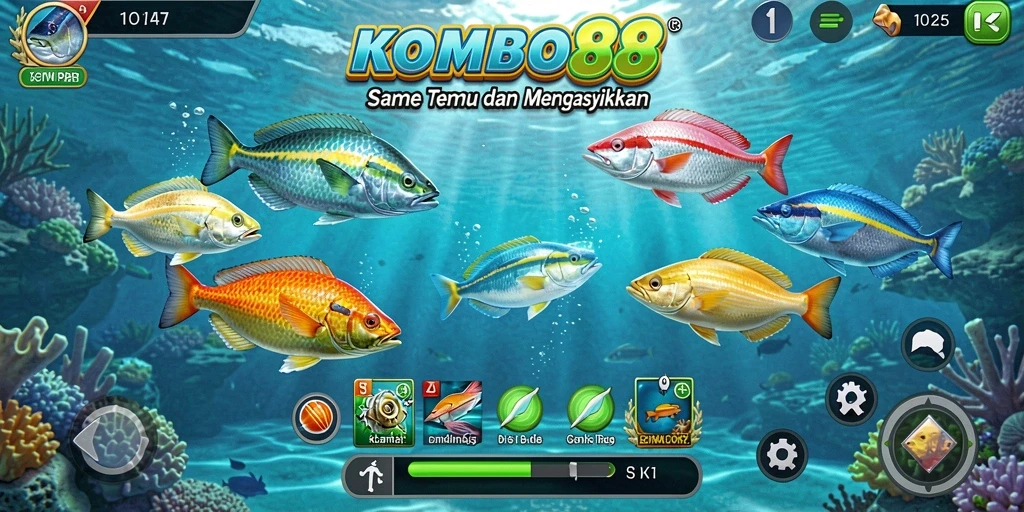 Screenshot gameplay seru dari KOMBO88 saat menembak ikan.
