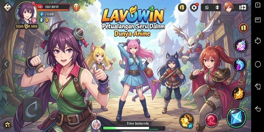 Tampilan gameplay LAVOWIN yang menampilkan karakter anime dinamis.