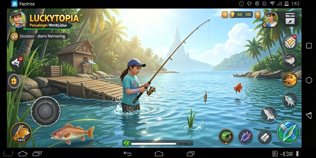 Tampilan menarik gameplay LUCKYTOPIA saat memancing di lokasi indah.