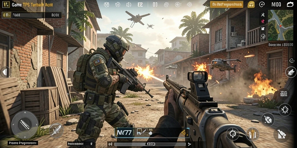 Screenshot gameplay NV77 menampilkan aksi seru dalam pertempuran TPS.