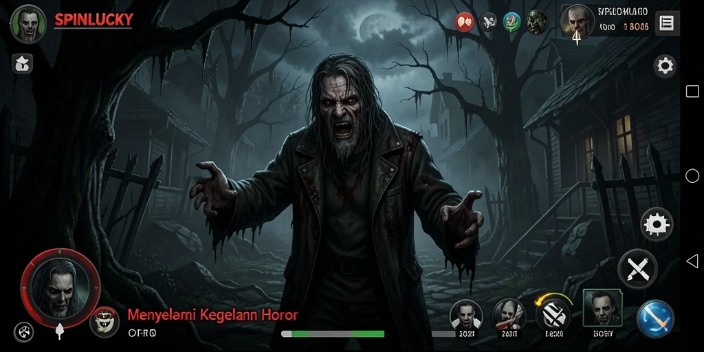 Screenshot SPINLUCKY menampilkan suasana mencekam di dalam kegelapan.